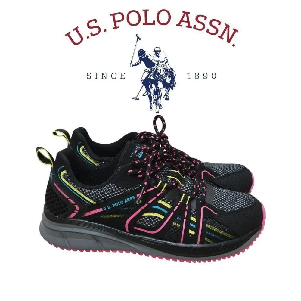 🇺🇸 US POLO ASSN Women’s Black Mesh Neon Pink Accent Athletic Sneakers SIZE 6.5
